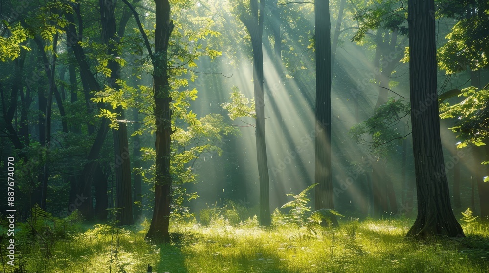 Forest scene with sunlight evoking Passover renewal rebirth background Forest scene with sunlight evoking Passover renewal rebirth background