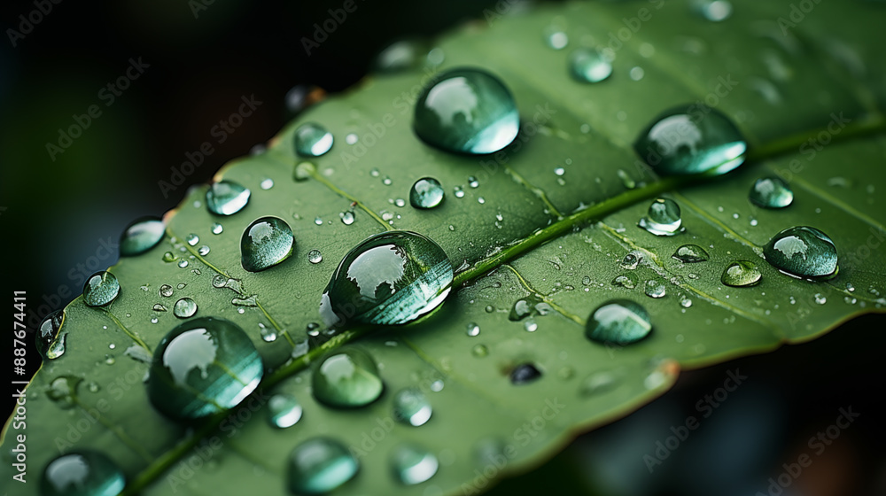 Water drops on green leaf, close up view Water drops on green leaf, close up view