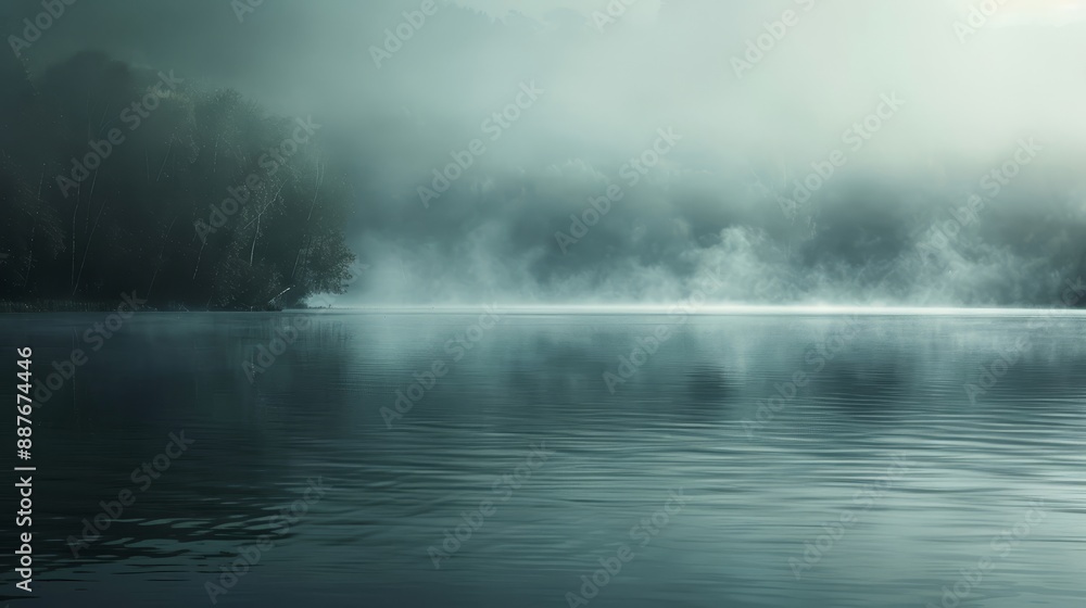 Fototapeta premium Tranquil lake enveloped in fog creating a peaceful Passover backdrop