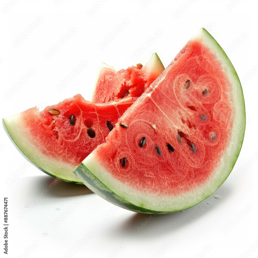 Watermelon slices close-up, isolated, on a white background. Illustration for advertising healthy, organic food, fruits, juices, vegetarianism. Watermelon slices close-up, isolated, on a white background. Illustration for advertising healthy, organic food, fruits, juices, vegetarianism.