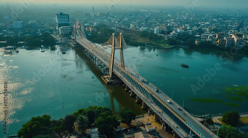 Aerial view of Durgaam Cheruvu suspension bridge in Hyderabad city, India. copy space for text. drone view. photo