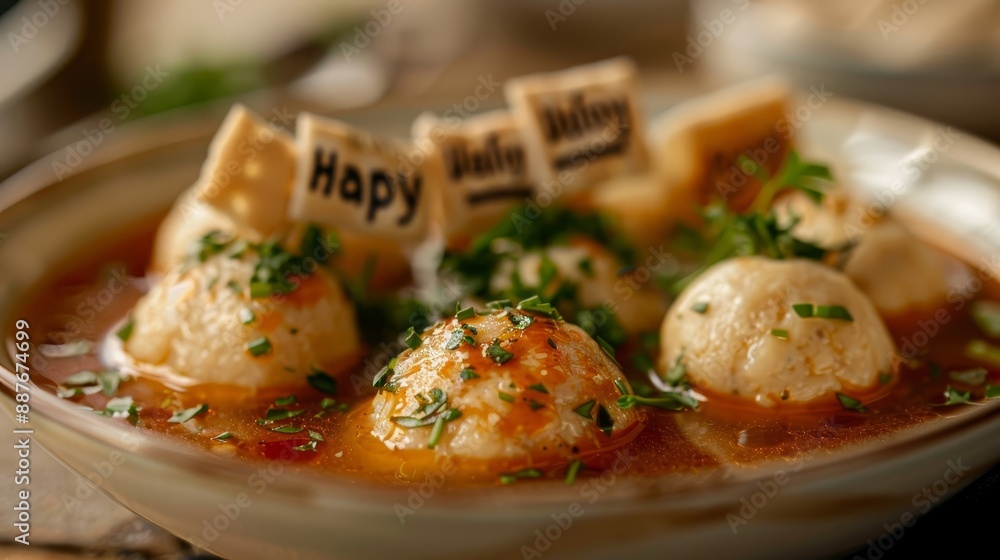 Matzah ball soup with 'Happy Passover' in floating letters backdrop Matzah ball soup with 'Happy Passover' in floating letters backdrop