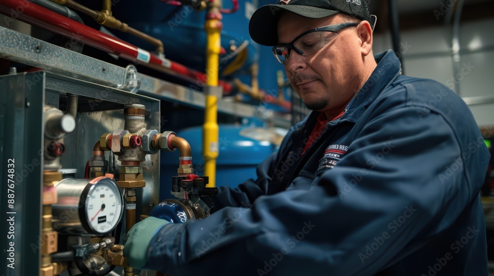 A man in a blue jacket is working on a gas line A man in a blue jacket is working on a gas line