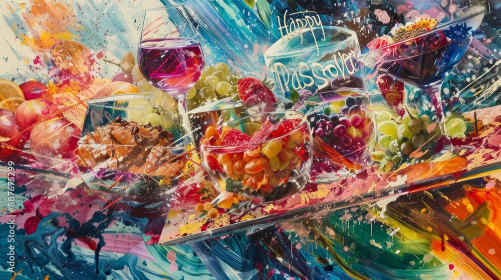 Fototapeta premium Dynamic collage of Passover dishes with 'Happy Passover' amidst vibrant colors wallpaper