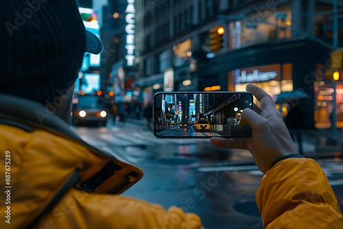 Person Taking a Photo of New York City Street at Night - Realistic Image