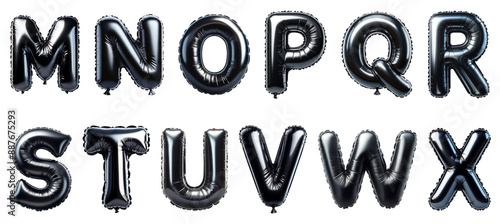 Black balloon letters M to X alphabet clipart isolated on transparent background