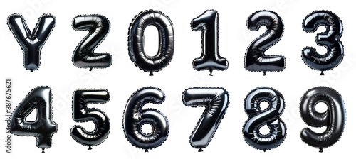 Black balloon letters Y and Z with numbers 0 to 9 clipart isolated on transparent background