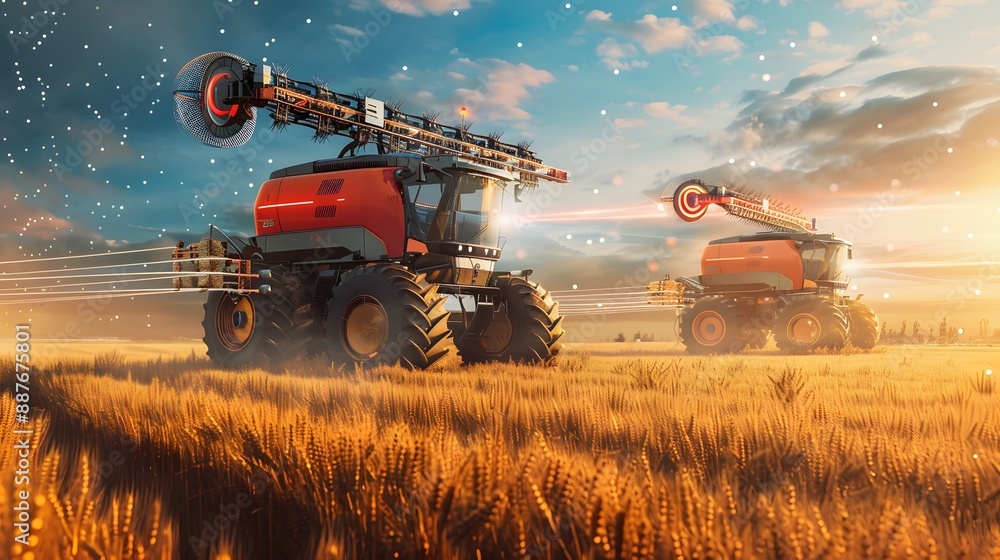 Fototapeta premium Harvesters equipped with Yield Monitoring systems, collecting and analyzing crop yield data during harvesting in a futuristic farm 