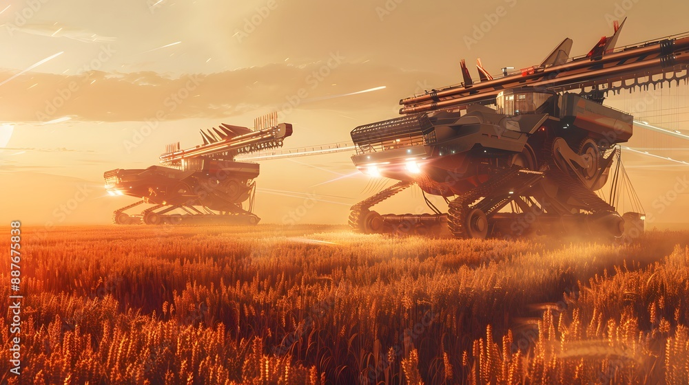 Fototapeta premium Harvesters equipped with Yield Monitoring systems, collecting and analyzing crop yield data during harvesting in a futuristic farm 