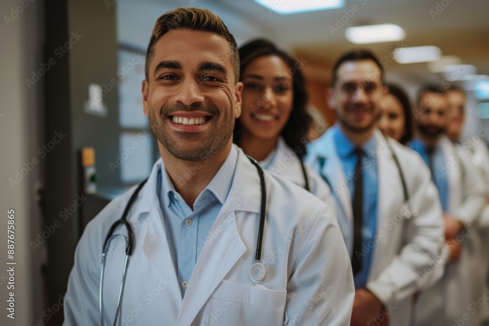 Group of diverse smiling medical professionals in white lab coats standing in a hospital corridor. Generated AI Group of diverse smiling medical professionals in white lab coats standing in a hospital corridor. Generated AI