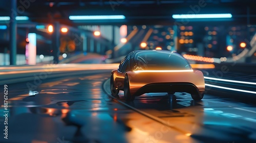 Futuristic Car Driving Through a Neon City at Night - 3D Illustration