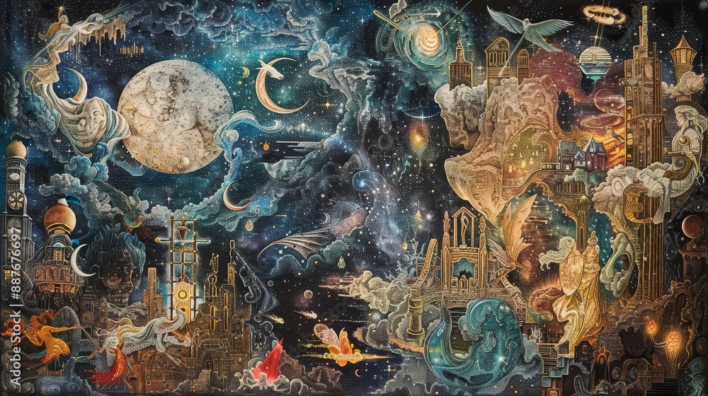 Fototapeta premium Light and color tapestry depicting classic literature scenes background