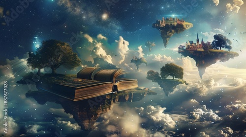 Floating books in starlit islands a dreamy wallpaper