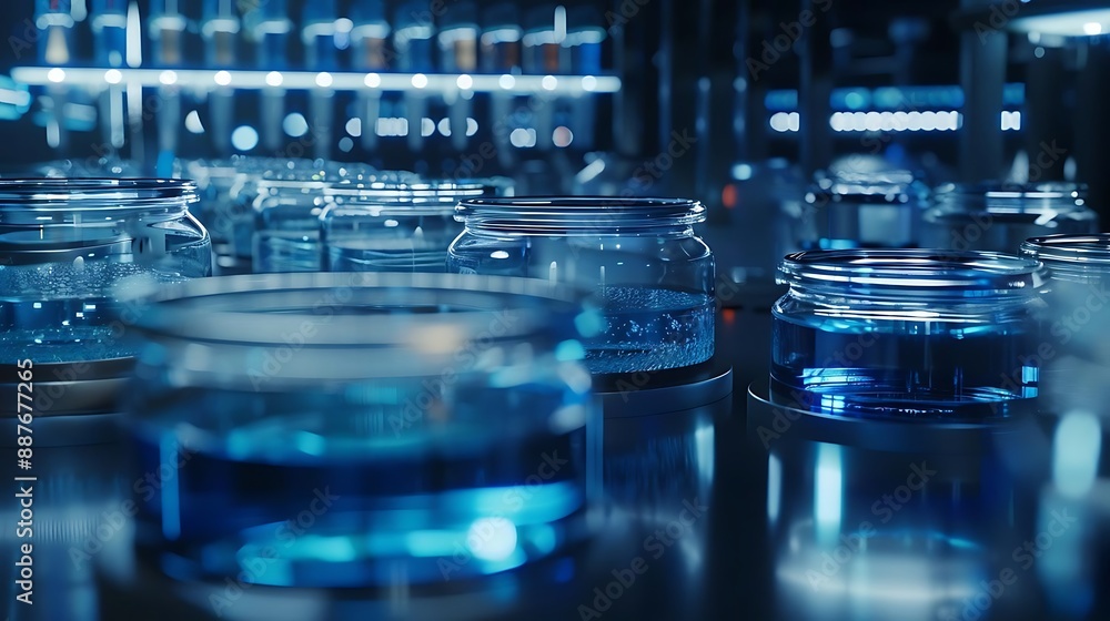 3D Render of Blue Liquid in Glass Jars on a Metallic Surface, Science, Laboratory, Experimentation 3D Render of Blue Liquid in Glass Jars on a Metallic Surface, Science, Laboratory, Experimentation
