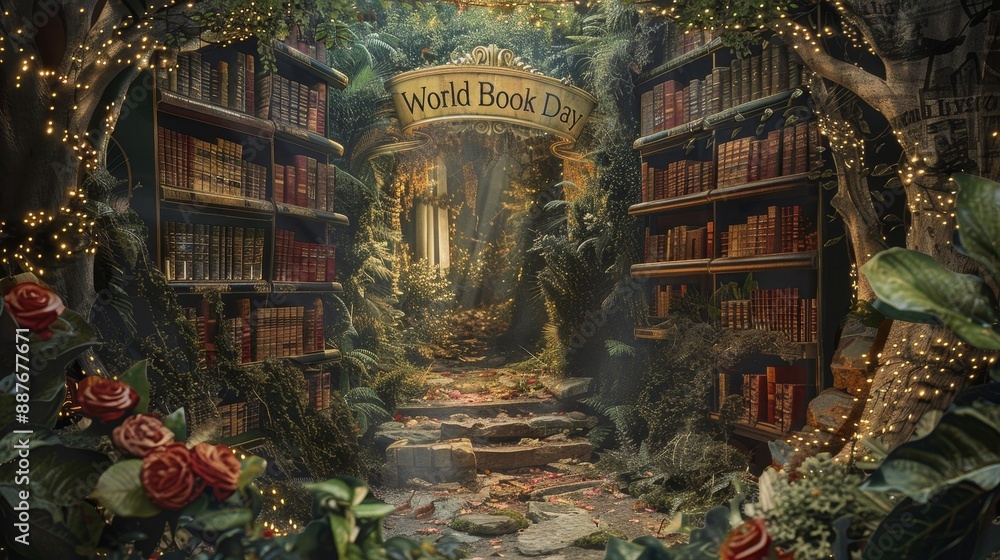 Fototapeta premium Illuminated manuscripts and scrolls with 'World Book Day' in a mystical garden backdrop