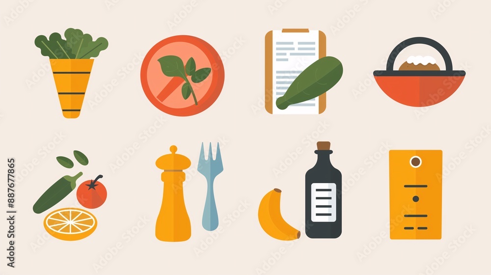 Flat design icons of cooking recipes, meal prep, and grocery lists in vibrant colors Flat design icons of cooking recipes, meal prep, and grocery lists in vibrant colors