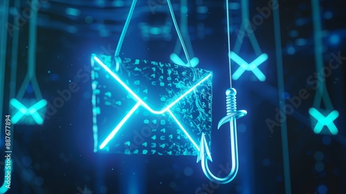 Phishing awareness. A fishing hook and an email envelope on a blue background. Cybersecurity, cyber crime, online fraud and scam concept.