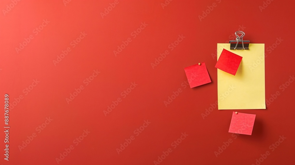 A clean, minimalist bulletin board with solid red background and a few neatly arranged notes A clean, minimalist bulletin board with solid red background and a few neatly arranged notes