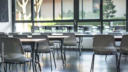A clean, modern seating arrangement in a classroom with sleek chairs and simple design elements © fivan
