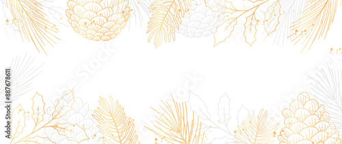 Winter botanical background vector. Hand drawn gold line art, pine leaves, berry, botanical leaves, pine cone. Abstract art design for wallpaper, wall art, cover, wedding. invite card.