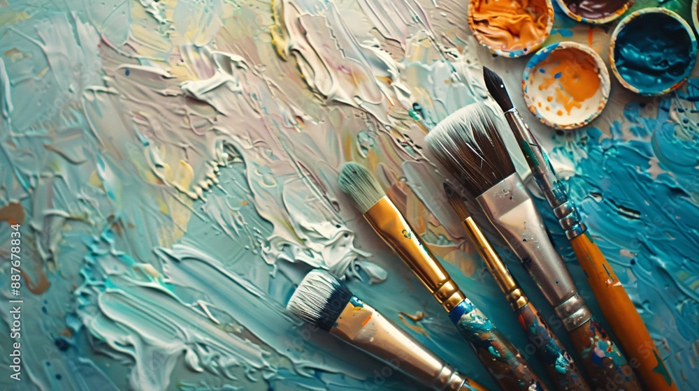 Fototapeta premium A few essential art supplies like brushes and a palette, arranged neatly on a clean surface