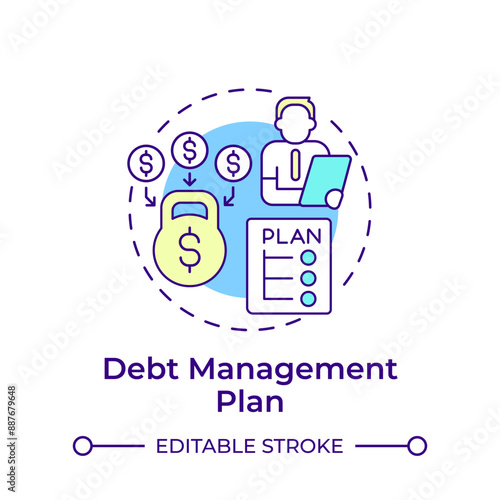 Debt management plan multi color concept icon. Financial planner, repayment terms. Round shape line illustration. Abstract idea. Graphic design. Easy to use in infographic, presentation