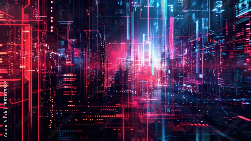 Fototapeta premium Glitchy Cyberpunk Neon Background with Tech Distortion in Dark Theme (16:9 Aspect Ratio)