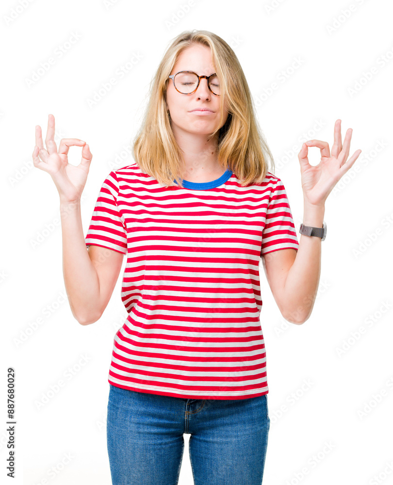Beautiful young woman wearing glasses over isolated background relax and smiling with eyes closed doing meditation gesture with fingers. Yoga concept. Beautiful young woman wearing glasses over isolated background relax and smiling with eyes closed doing meditation gesture with fingers. Yoga concept.