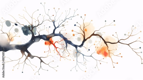 schematic of the nervous system, with detailed nerve pathways, watercolor style, on a white background