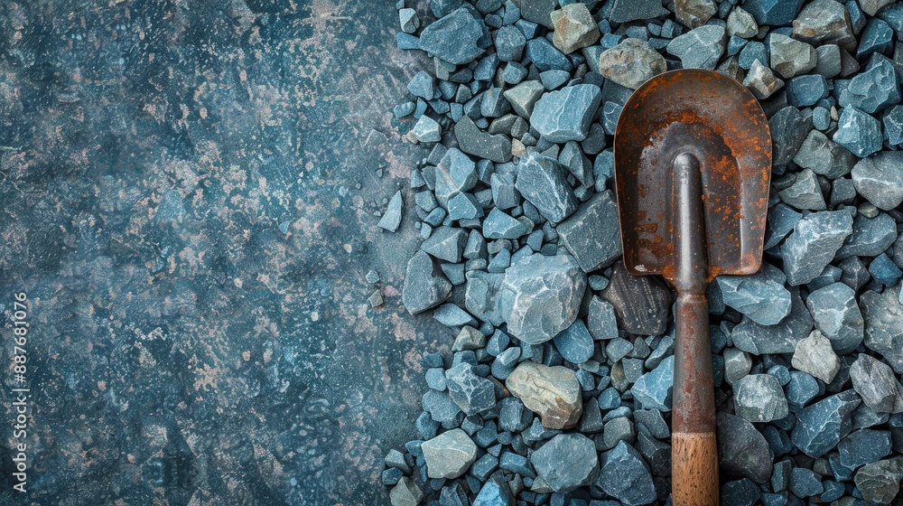 Rustic Brown Stone Hoe Spade on Crushed Blue Granite Gravel Background with Copy Space in Construction Site Rustic Brown Stone Hoe Spade on Crushed Blue Granite Gravel Background with Copy Space in Construction Site