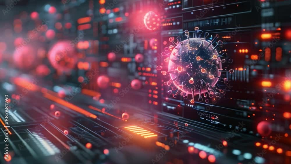 A 3D rendering of a virus model on a digital interface, representing the use of AI to predict and understand the spread of infectious diseases.
