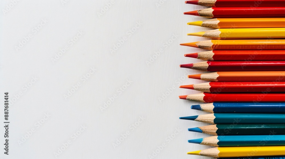 A set of pencils with solid color bodies arranged neatly on a white surface A set of pencils with solid color bodies arranged neatly on a white surface