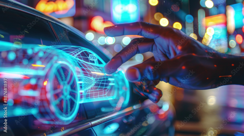 Fototapeta premium A hand reaches out to touch a digital wireframe model of a car projected on a car window