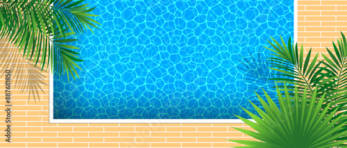 Swimming pool vector illustration. Water surface top view and tropical plants backdrop. beautiful watery texture wallpaper. Summer holidays and travel banner for aquatic center designs