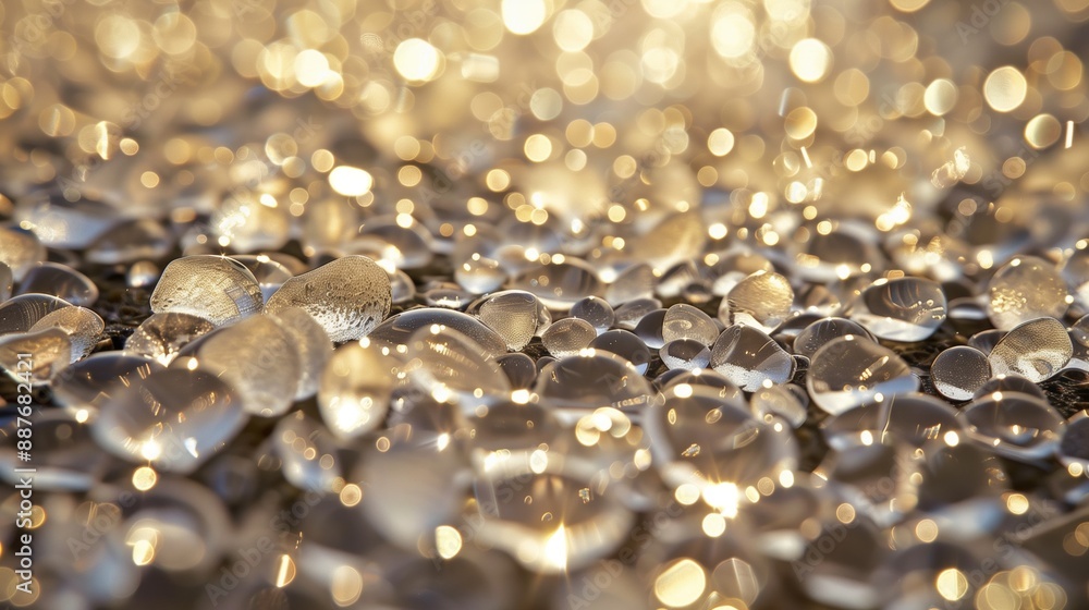 Many clear glass drops are arranged in an intricate pattern on the surface. Many clear glass drops are arranged in an intricate pattern on the surface.