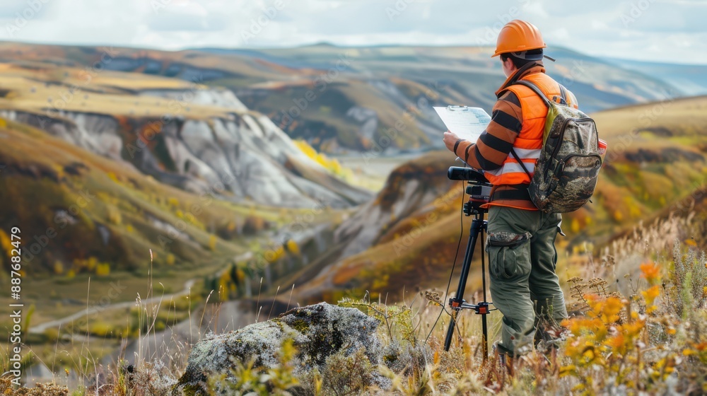 A man in an orange vest is standing on a hillside, looking at a map A man in an orange vest is standing on a hillside, looking at a map
