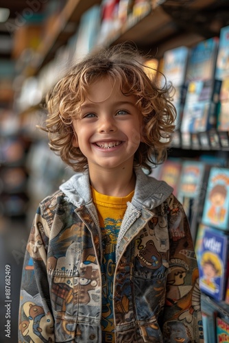 Niña joven mirando a cámara de pie en una biblioteca. Niños en una tienda de comics que se interesan por la lectura y la cultura.