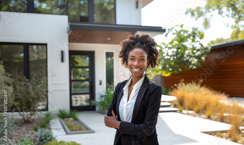 Smiling African American real estate agent. African American real estate professional. African American businesswoman real estate.