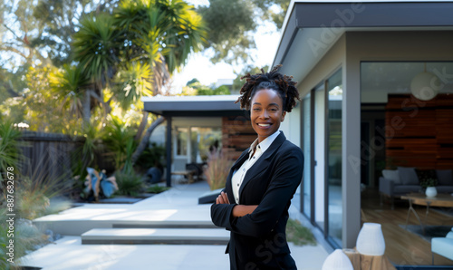 Smiling African American real estate agent. African American real estate professional. African American businesswoman real estate.