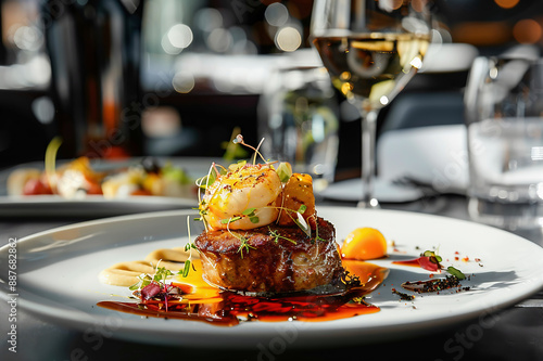 Delicious Michelin starred steak dinner meal at fine dining restaurant, masterpiece of culinary