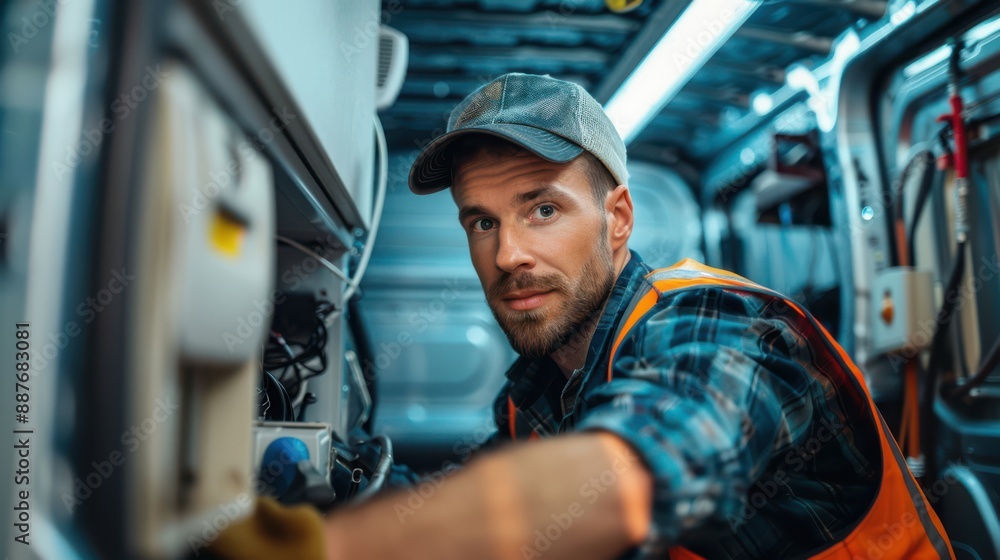 A man in a plaid shirt and orange vest is working on a machine A man in a plaid shirt and orange vest is working on a machine