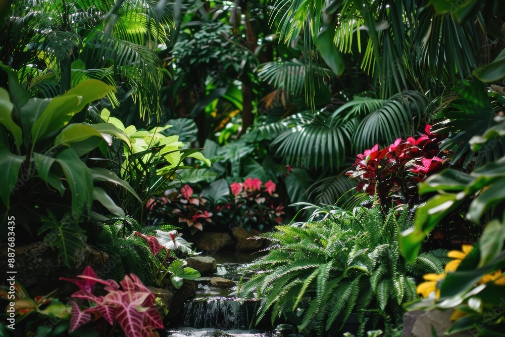 A serene botanical garden featuring an array of lush, exotic plants with vibrant foliage in different shapes and sizes A serene botanical garden featuring an array of lush, exotic plants with vibrant foliage in different shapes and sizes