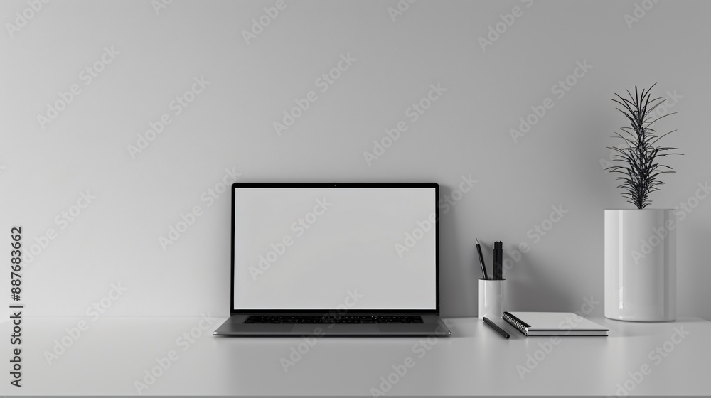 A sleek, minimalist desk with just a laptop, a notebook, and a pencil, against a plain background A sleek, minimalist desk with just a laptop, a notebook, and a pencil, against a plain background