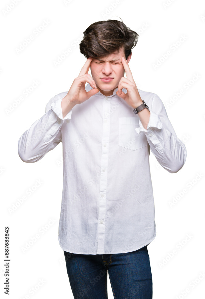 Young handsome business man over isolated background with hand on head for pain in head because stress. Suffering migraine. Young handsome business man over isolated background with hand on head for pain in head because stress. Suffering migraine.