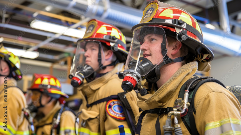 Firefighters in training wear full gear and respirators Firefighters in training wear full gear and respirators