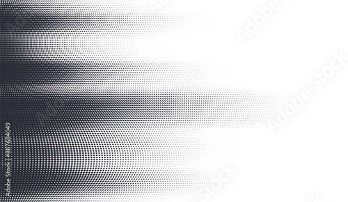 Abstract motion fade halftone vector background. Black and white dotted pattern horizontal transition from dark to white.