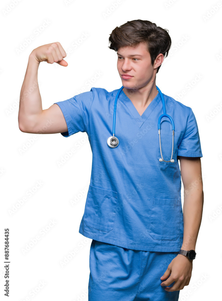 Young doctor wearing medical uniform over isolated background Strong person showing arm muscle, confident and proud of power Young doctor wearing medical uniform over isolated background Strong person showing arm muscle, confident and proud of power