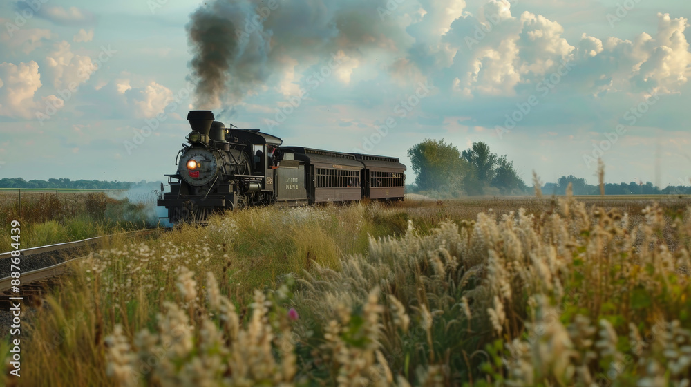 Obraz premium A steam locomotive billowing clouds of white smoke as it travels along the tracks. The powerful train showcases the classic design of steam engines, with plumes of steam rising dramatically against