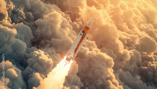 A rocket launching into the sky, seen from above, smoke coming out of its tail, orange and white colors