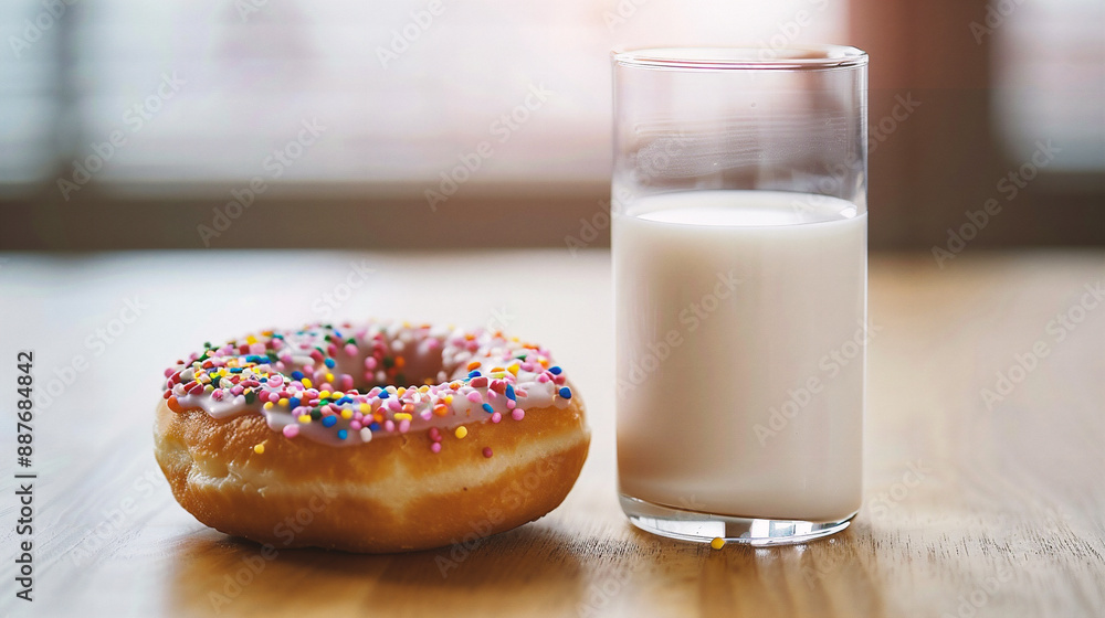 Donut and glass of milk on the wooden table. Close up Donut and glass of milk on the wooden table. Close up